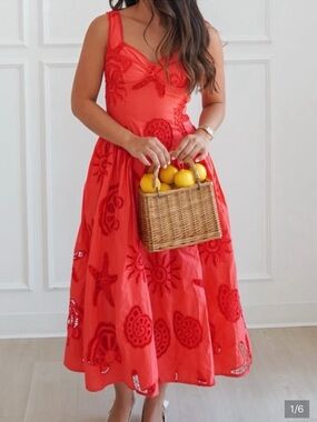 Red Midi Dress with Embroidered Cutouts
